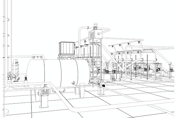 CAD-Zeichnung einer individuell geplanten Anlage mit Kessel und Rohrleitungen